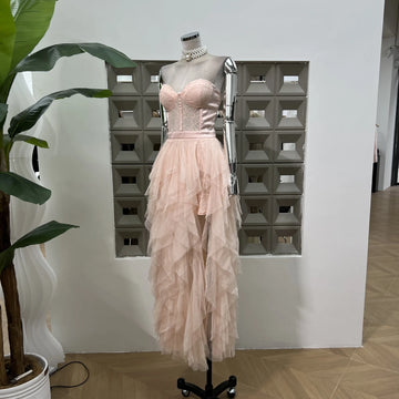 Xajzpa Fashion Lace Mesh Dress Women's Strapless Fake Two Pieces Waist Retraction Dresses 2025 Summer New Tide